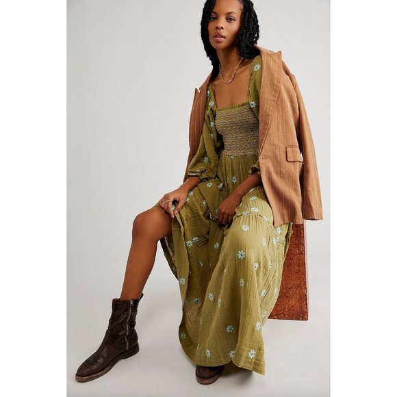 Free People Dahlia Embroidered Maxi Dress In Mosstone Combo Size XL - Picture 1 of 6